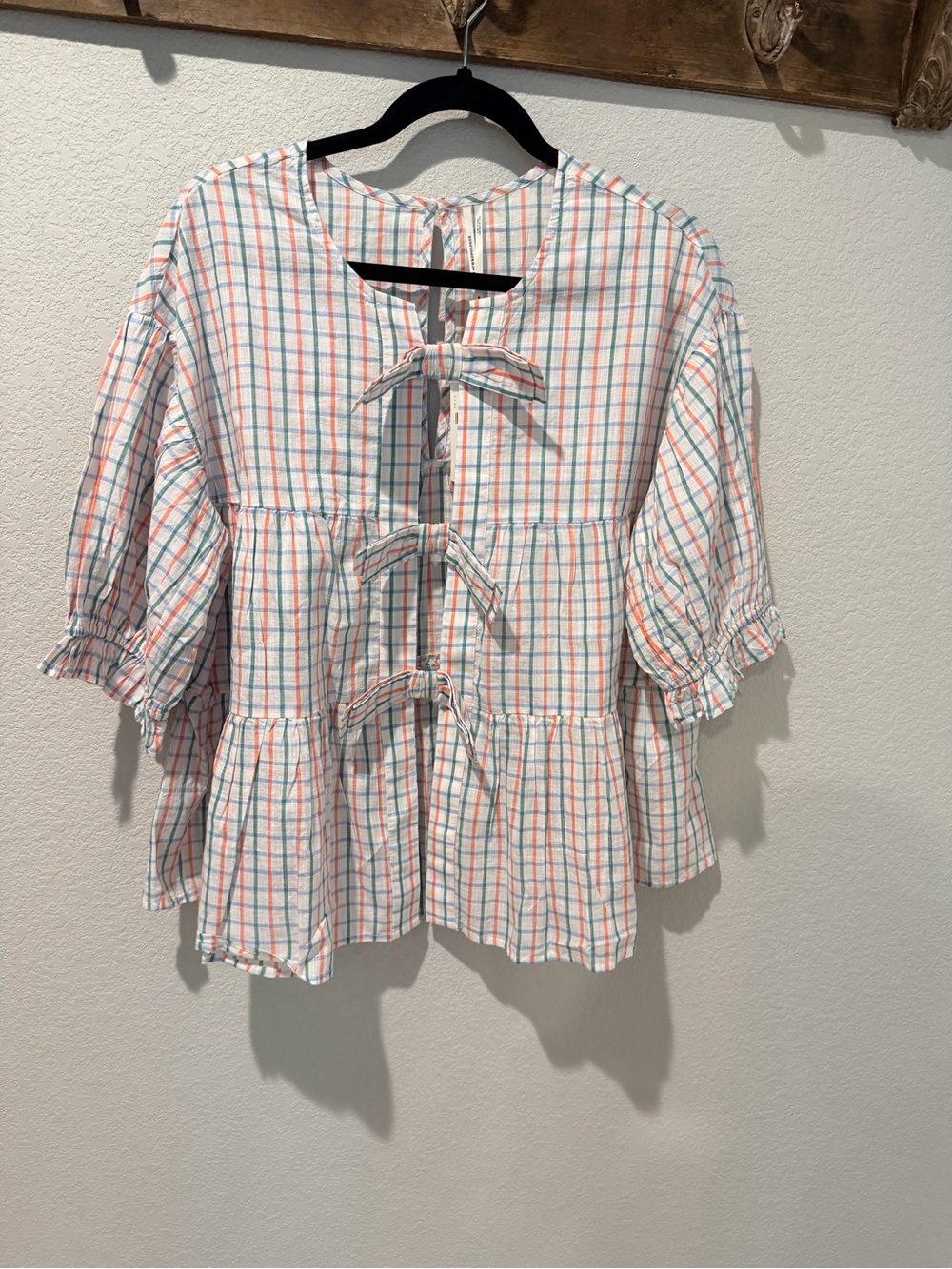 NWT Anthropologie White Plaid Tie-Back Peplum Blouse